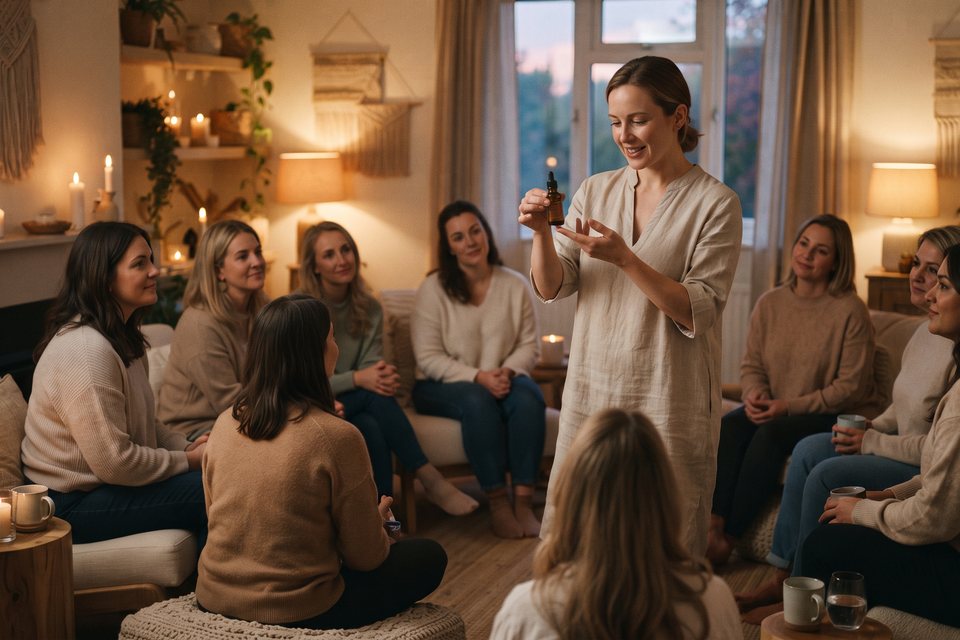 Kosmetikerin erklärt einer kleinen Gruppe ein Produkt