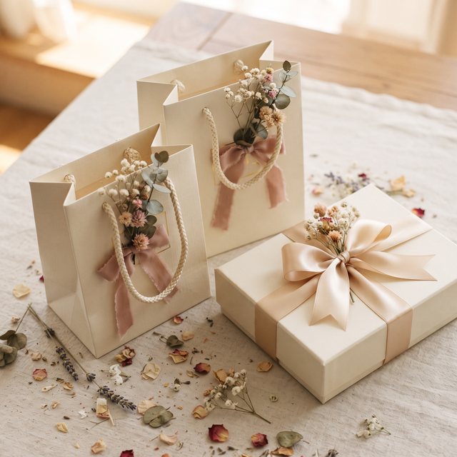 Geschenktüten und Schachtel mit Satinband